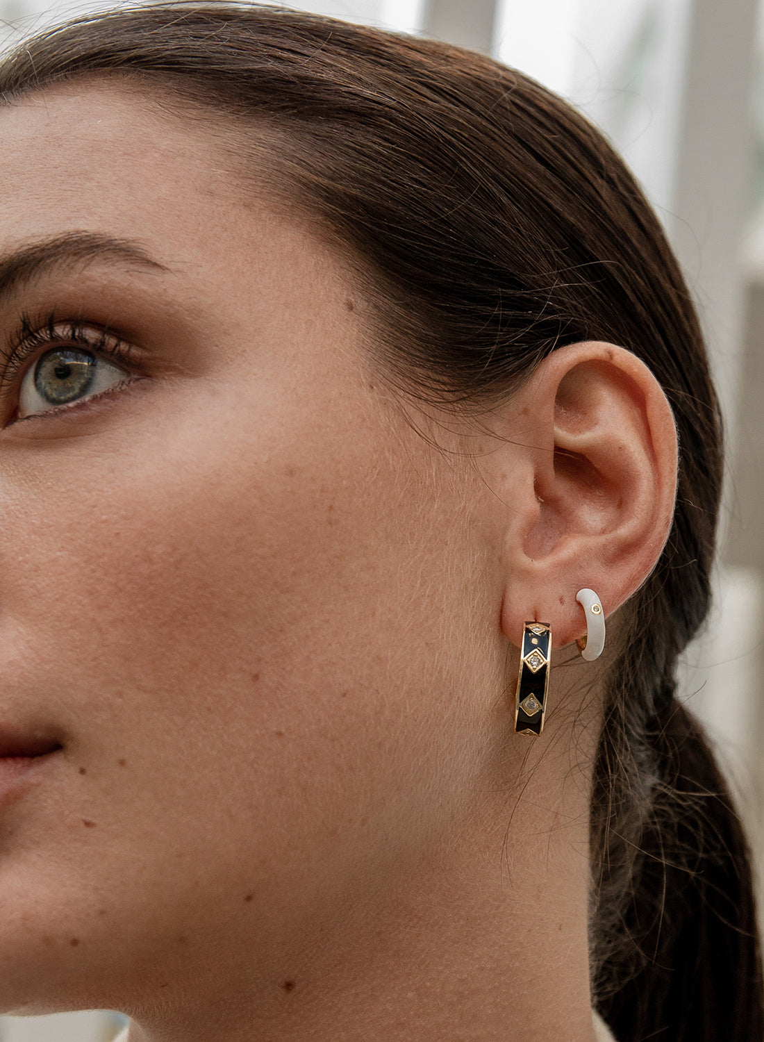 Earrings - Silver hoop earrings wide black enamel design
