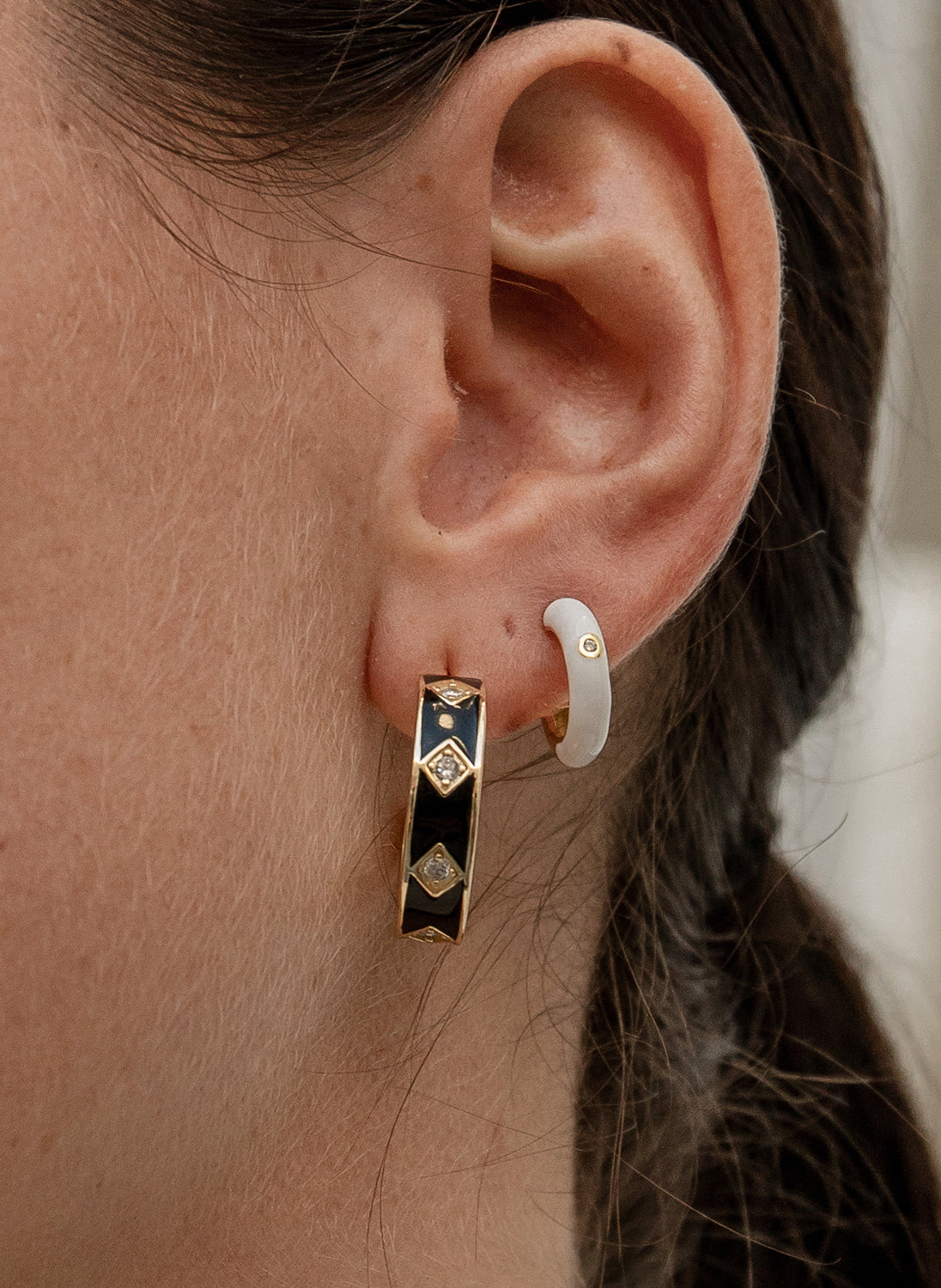 Earrings - Silver hoop earrings wide black enamel design