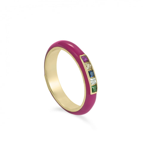 Ring - Purple enamel ring with multicolored adamantine quartz design