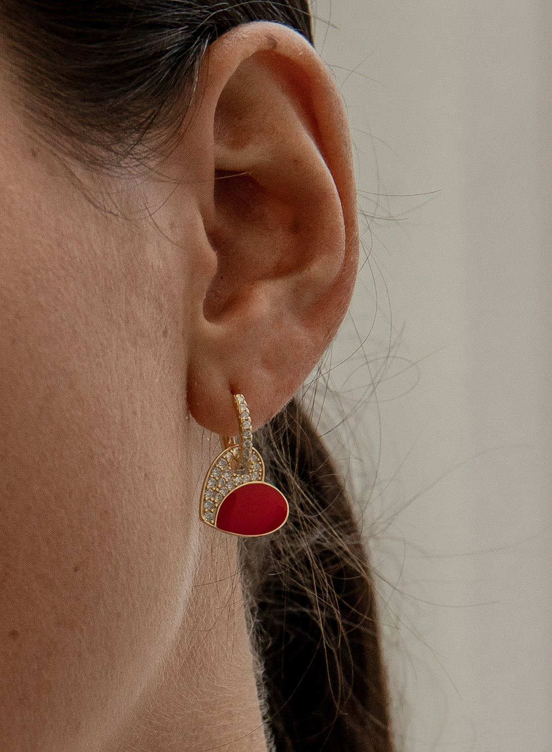 Earrings - Red enamel heart design pendant earrings