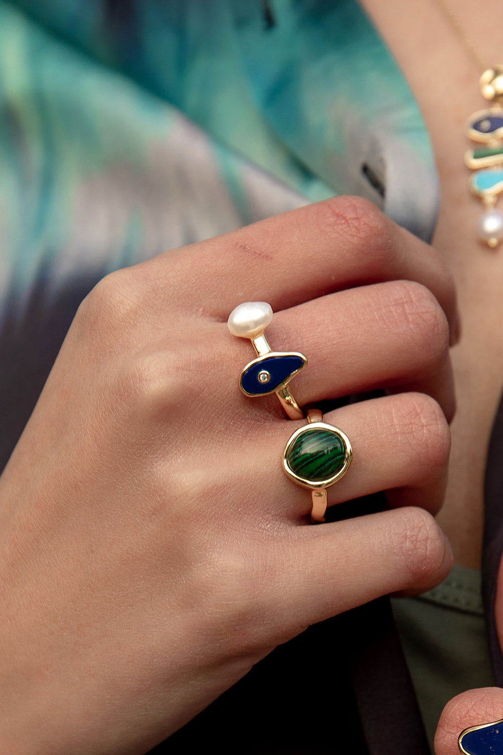 Ring - Rings with gold-plated stones malachite central motif