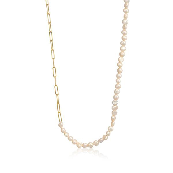 Colgante perlas de plata bañado en oro diseño paper clip