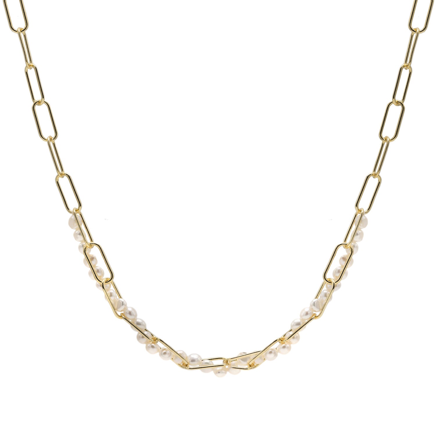Colgante perlas de plata bañado en oro combinado con cadena paper clip