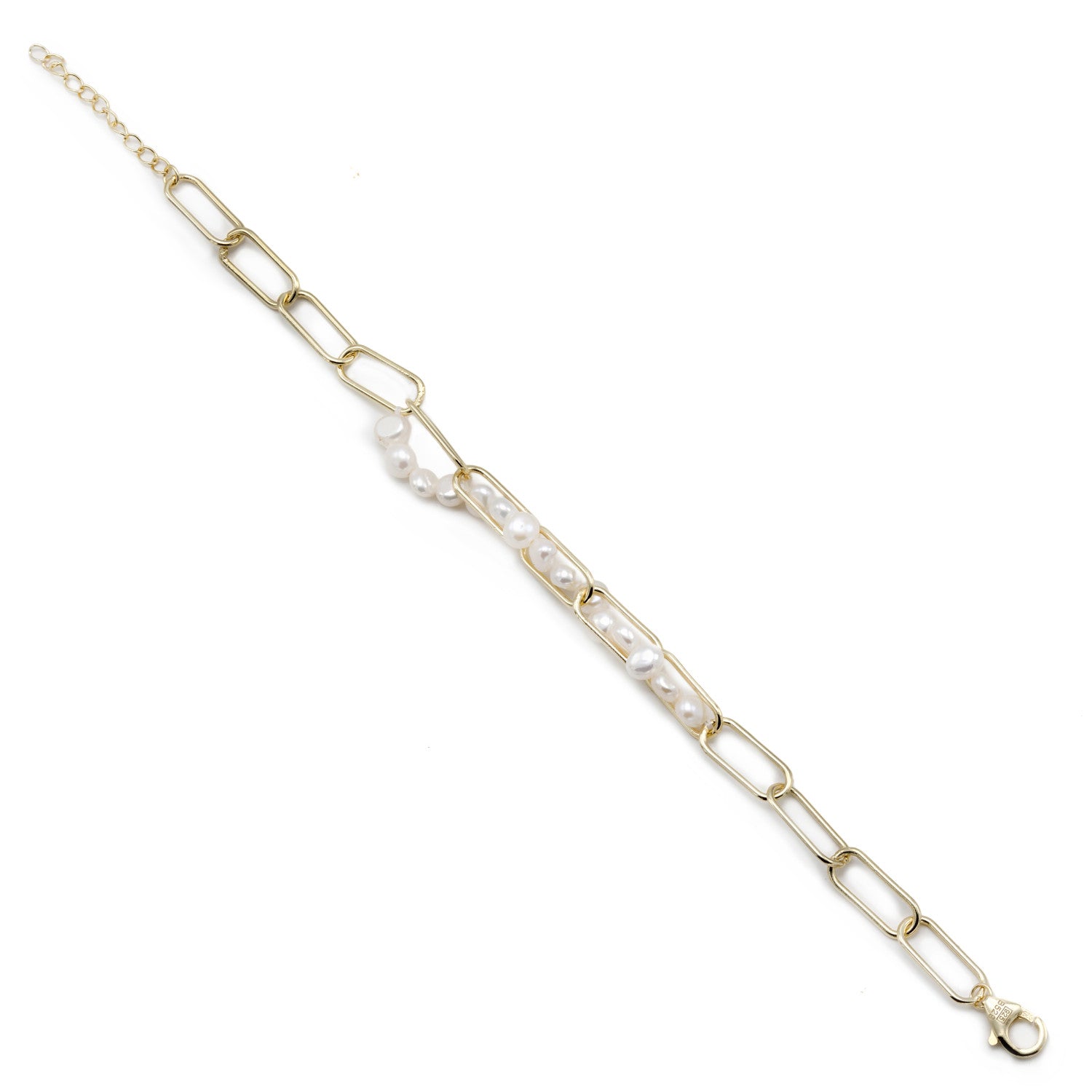 Pulseras con perlas en plata combinada con paper clip