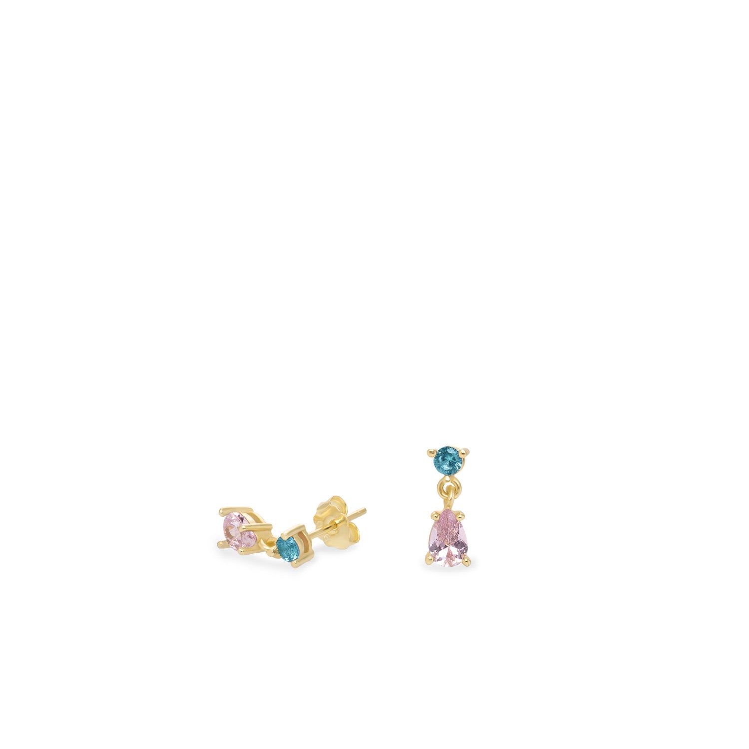 Small pendant style earrings in blue and pink tones
