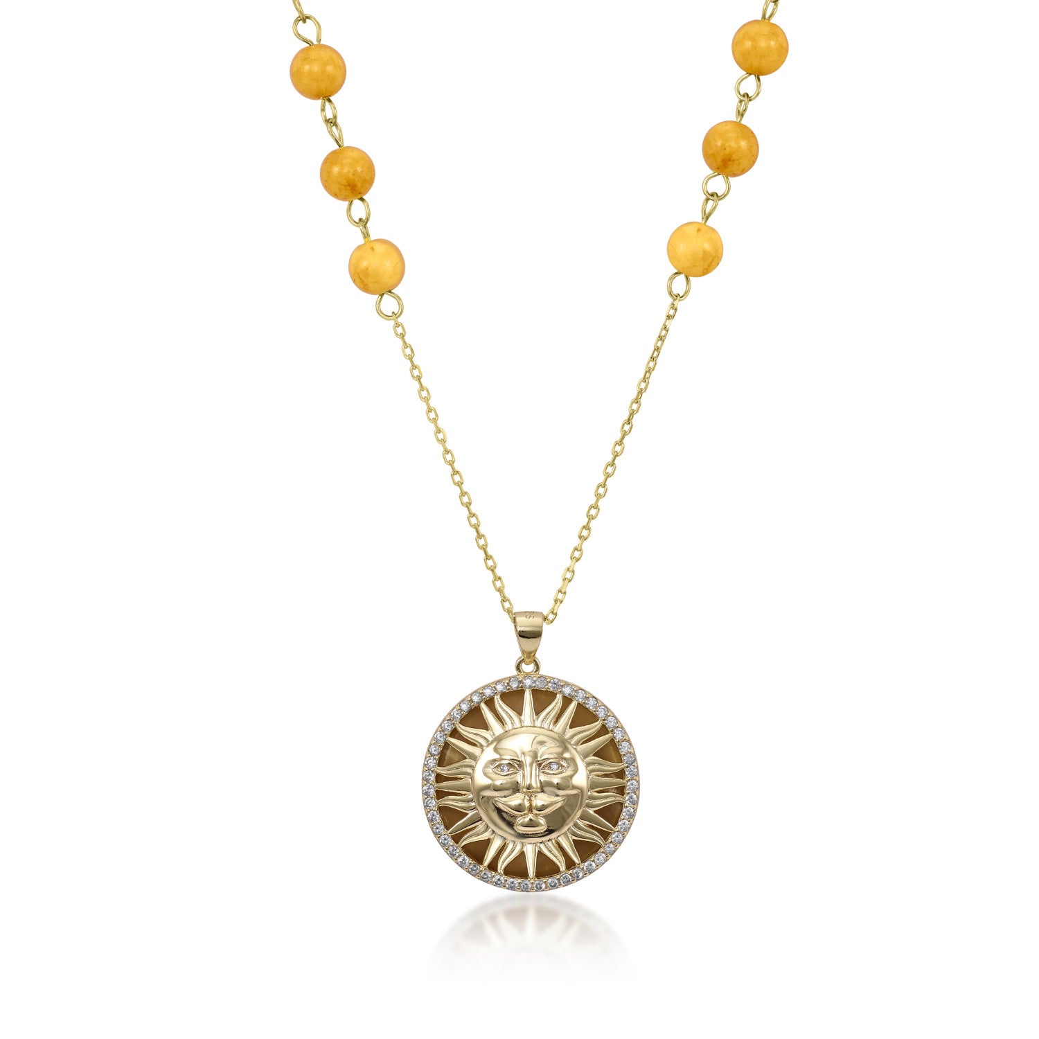 Collar medalla de plata con motivo de sol de plata lisa  piedras semipreciosas y esmalte naranja