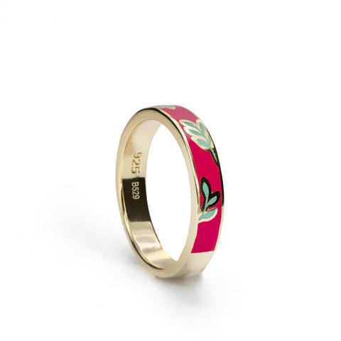 Ring - Fuchsia enamel ring with floral pattern