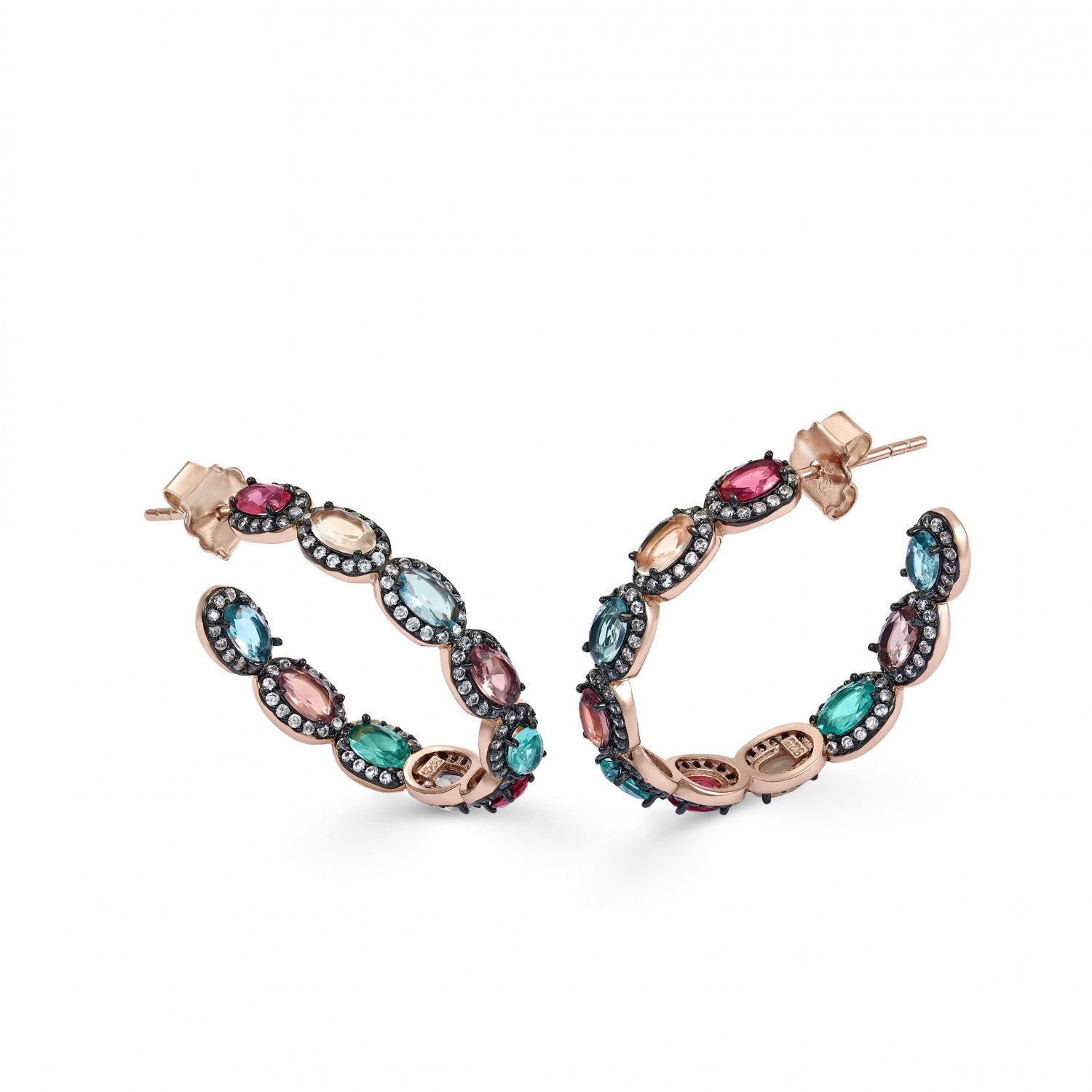 Hoop earrings with multicolored oval cut stones