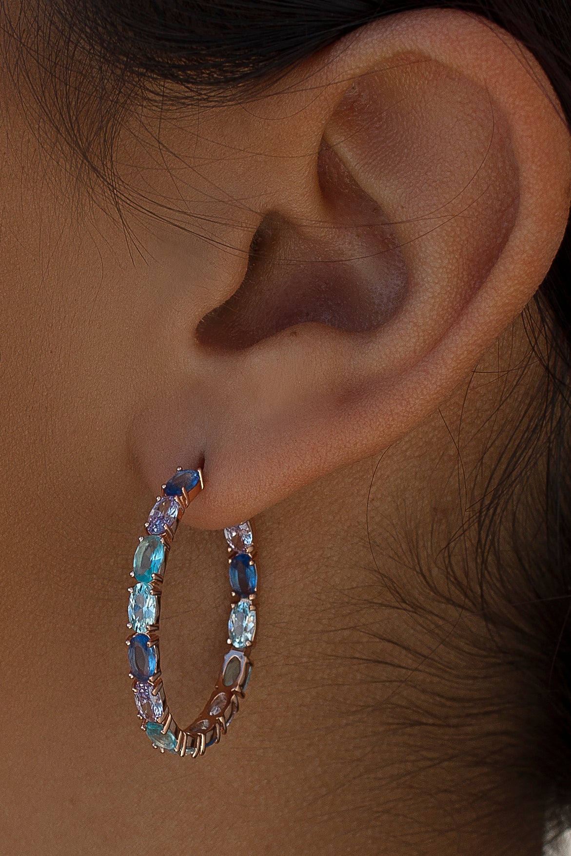 Earrings - Hoop earrings with oval cut stones in blue tones