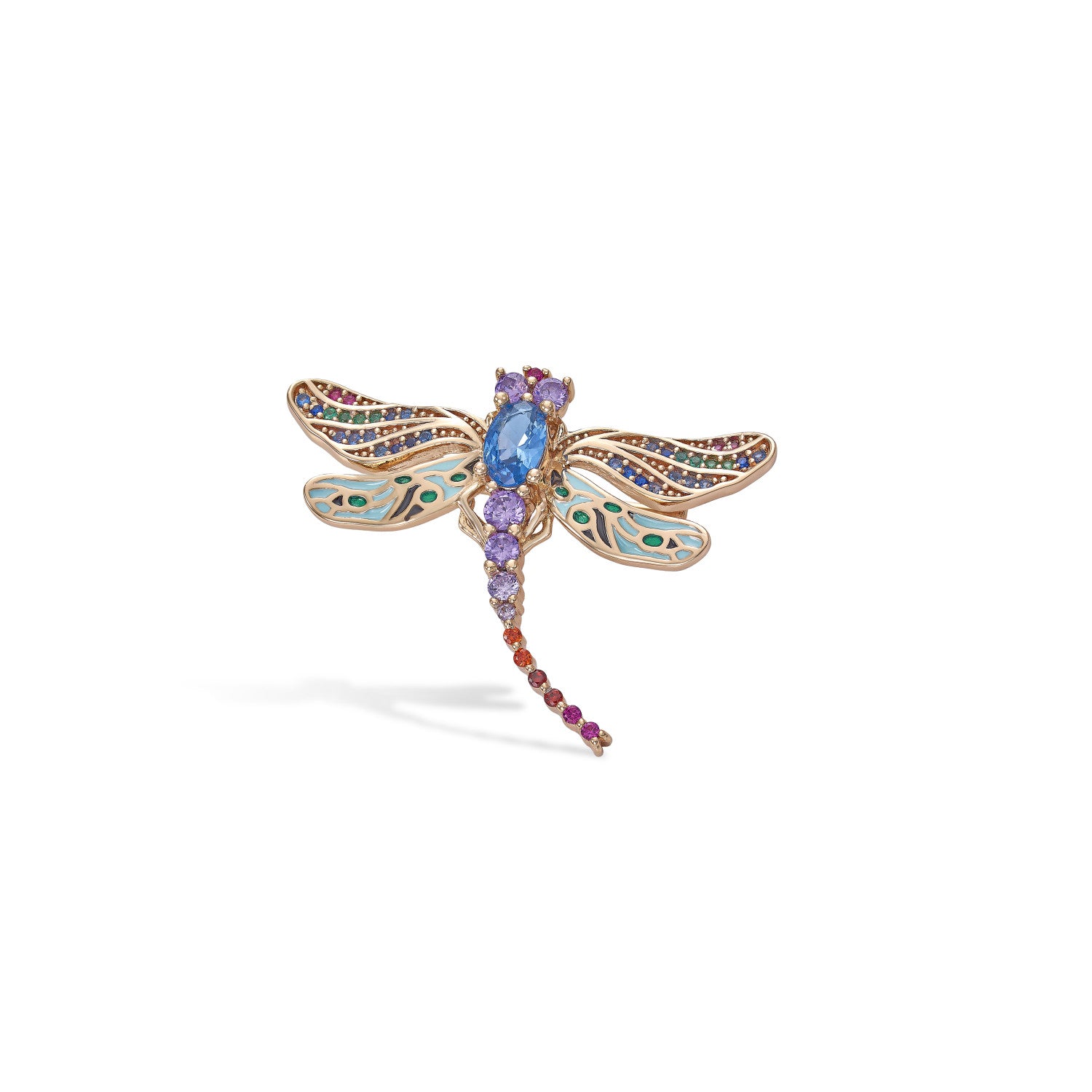 Silver brooch insect design in blue and violet tones