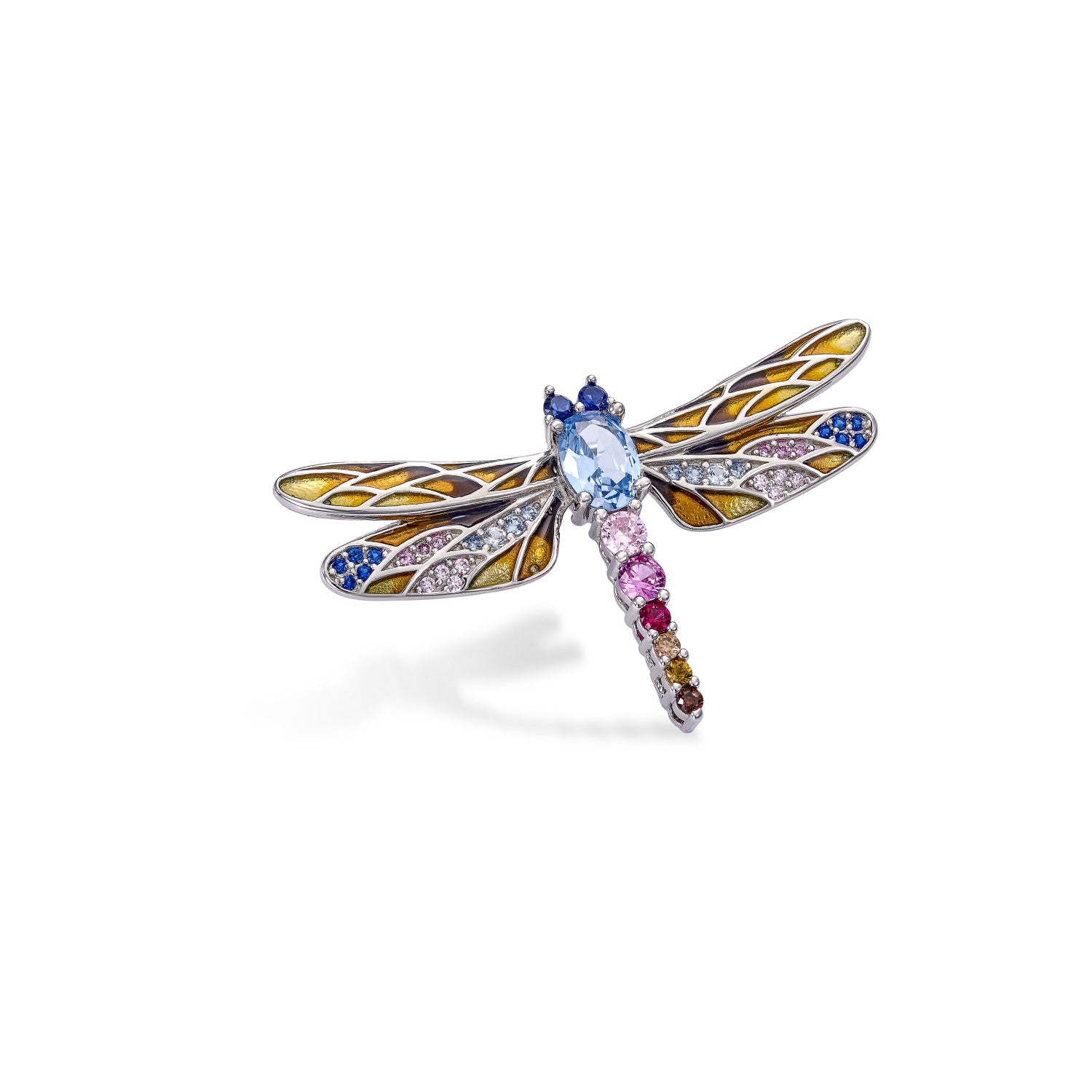 Silver brooch insect design in pink, blue and yellow tones