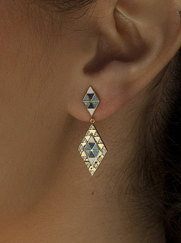 Earrings with rhombus motif pendants with lapis lazuli enamel and zirconia