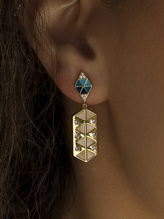 Earrings with gold plated pendants with enamel and zirconia design