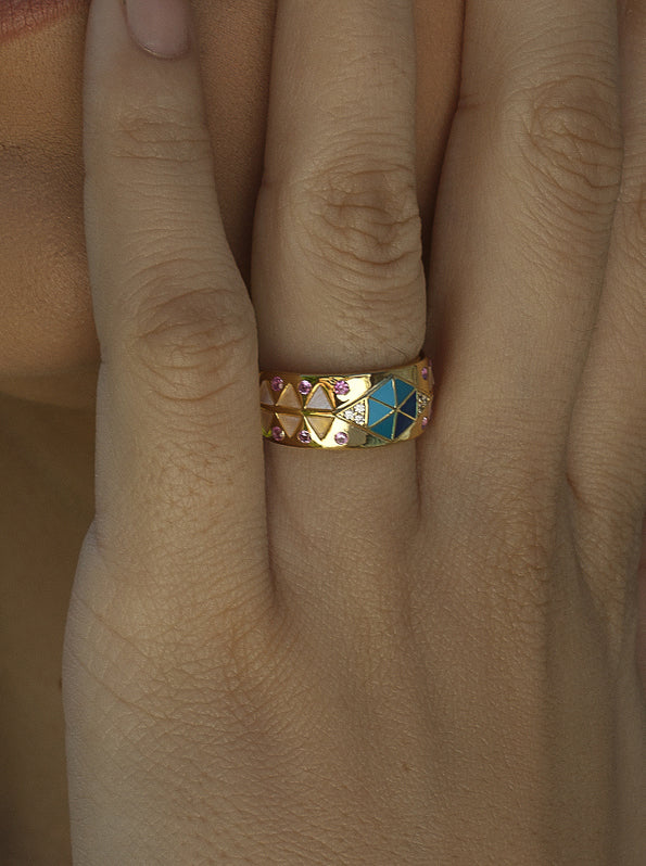 Large multicolored rings with gold-plated zircons
