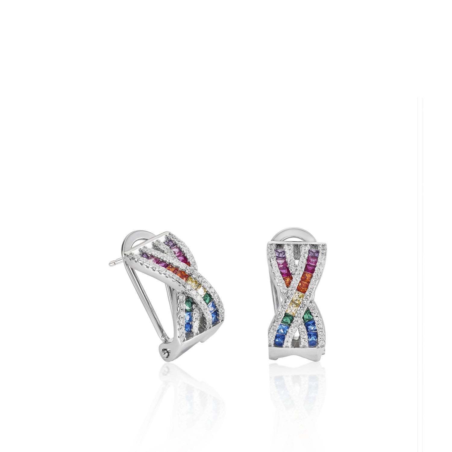 Earrings with omega clasp design multicolor crossed rails