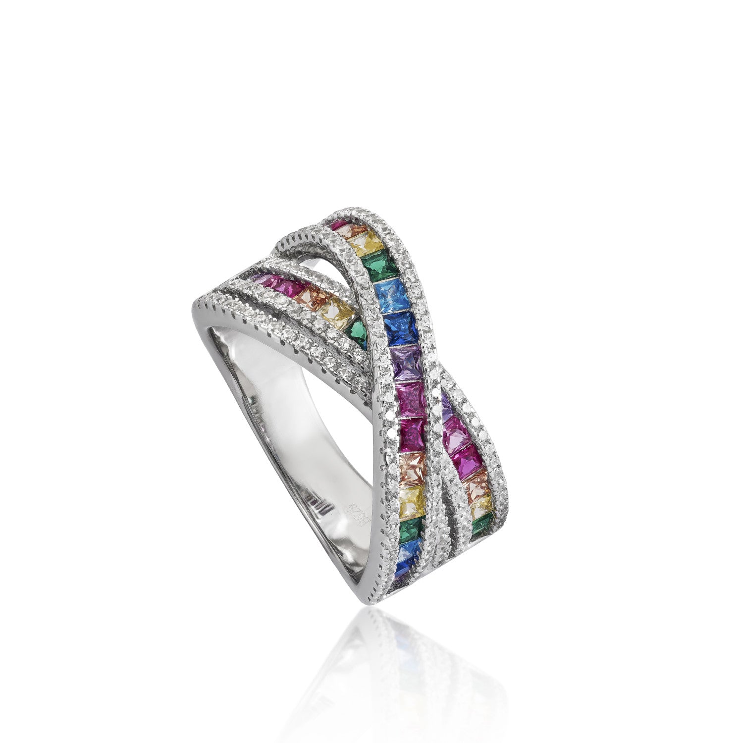 Ring with multicolor crossed rails design stones