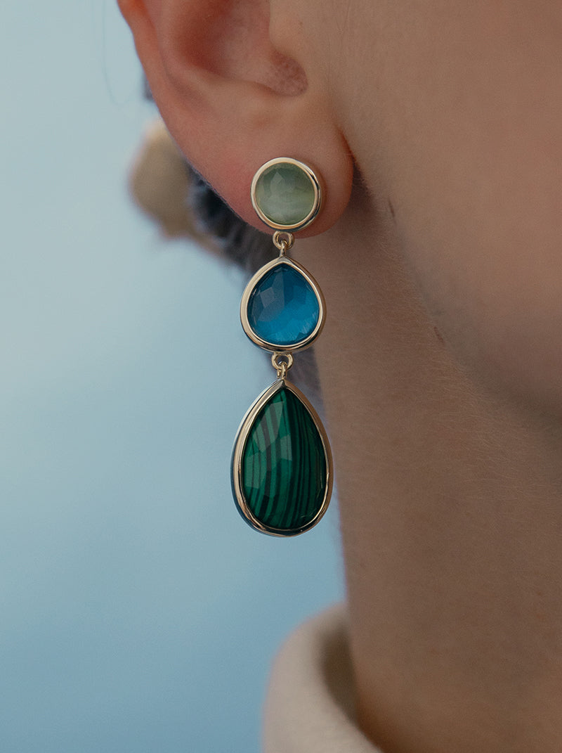 Long natural stone earrings with teardrop malachite design