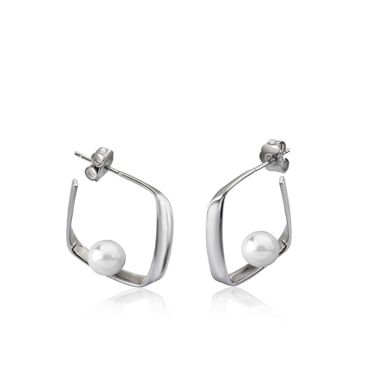 Pendientes perlas de plata diseño cuadrado con perla