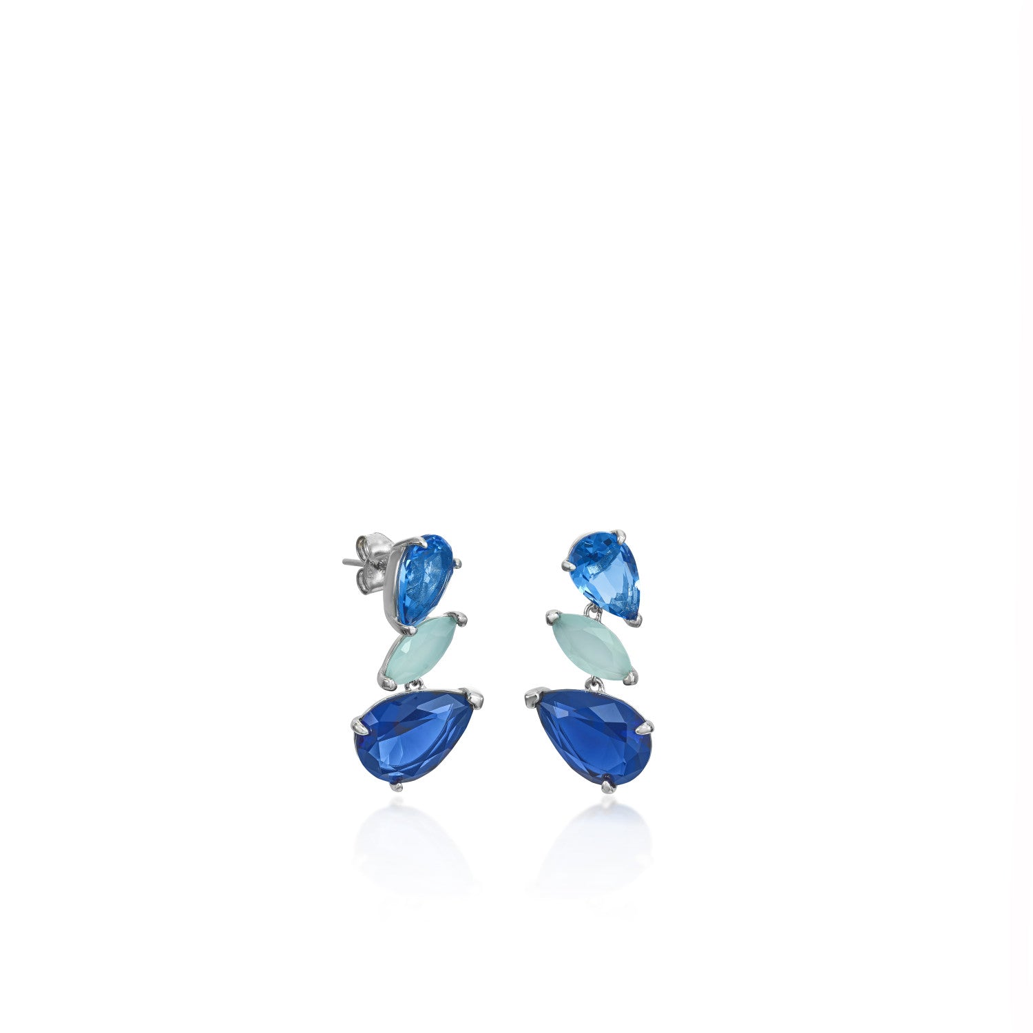 Earrings with colored stones three gems blue tone design