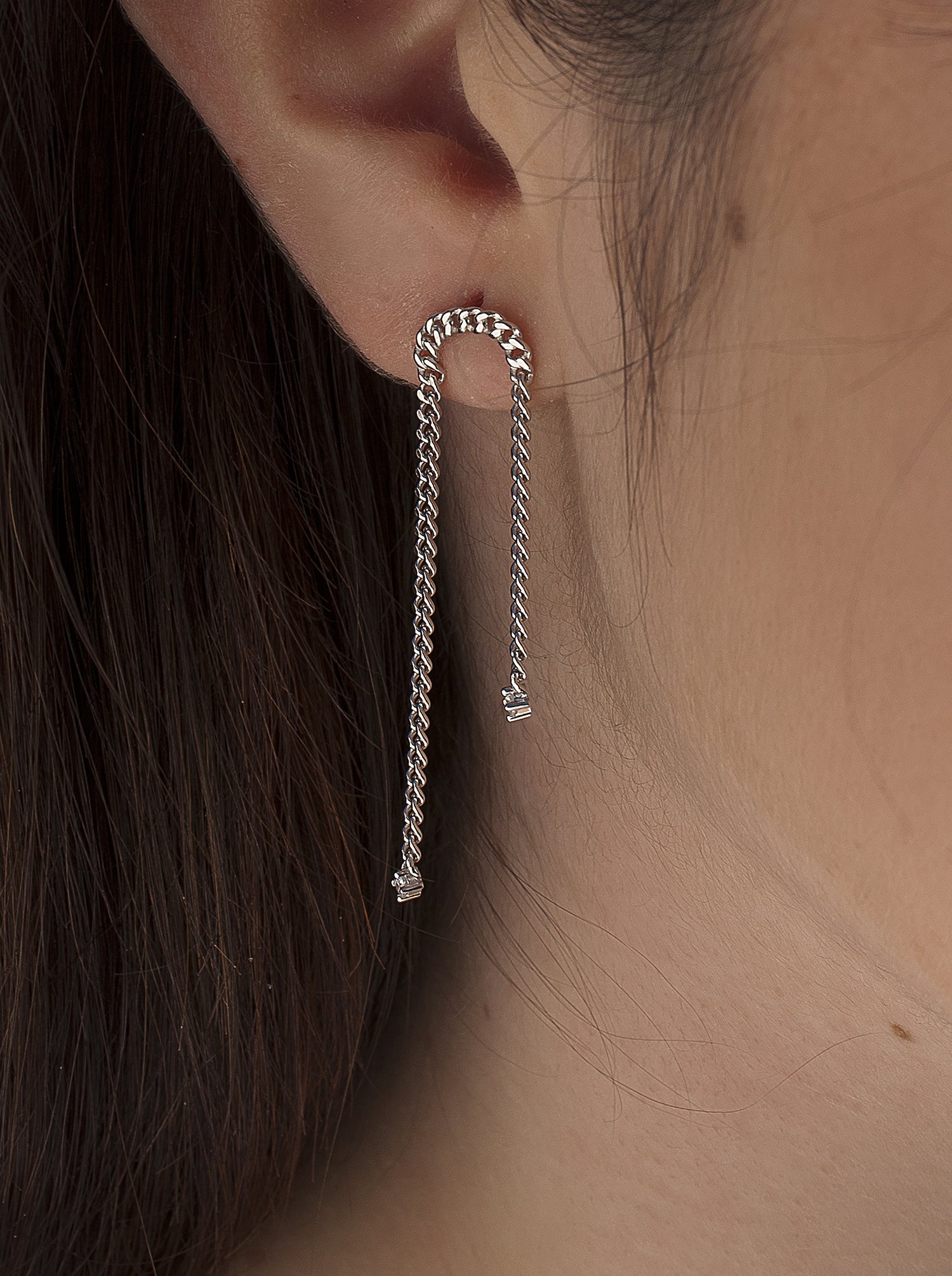 Long silver chain style earrings with zirconia details