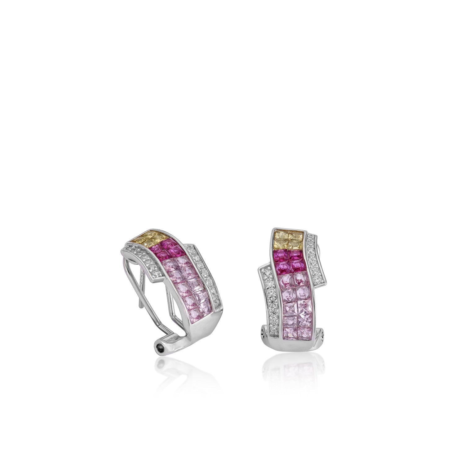 Earrings with omega clasp double rail clasp in pink tones