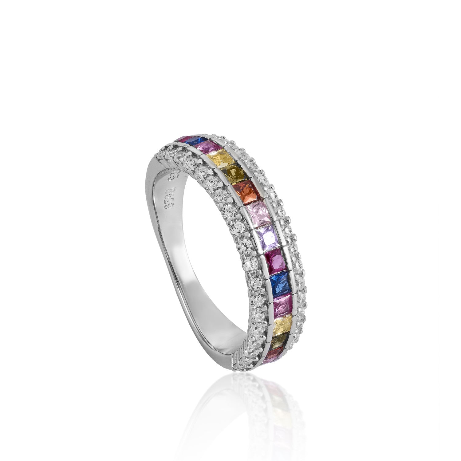 Rings with multicolored emerald-cut stones and zircons