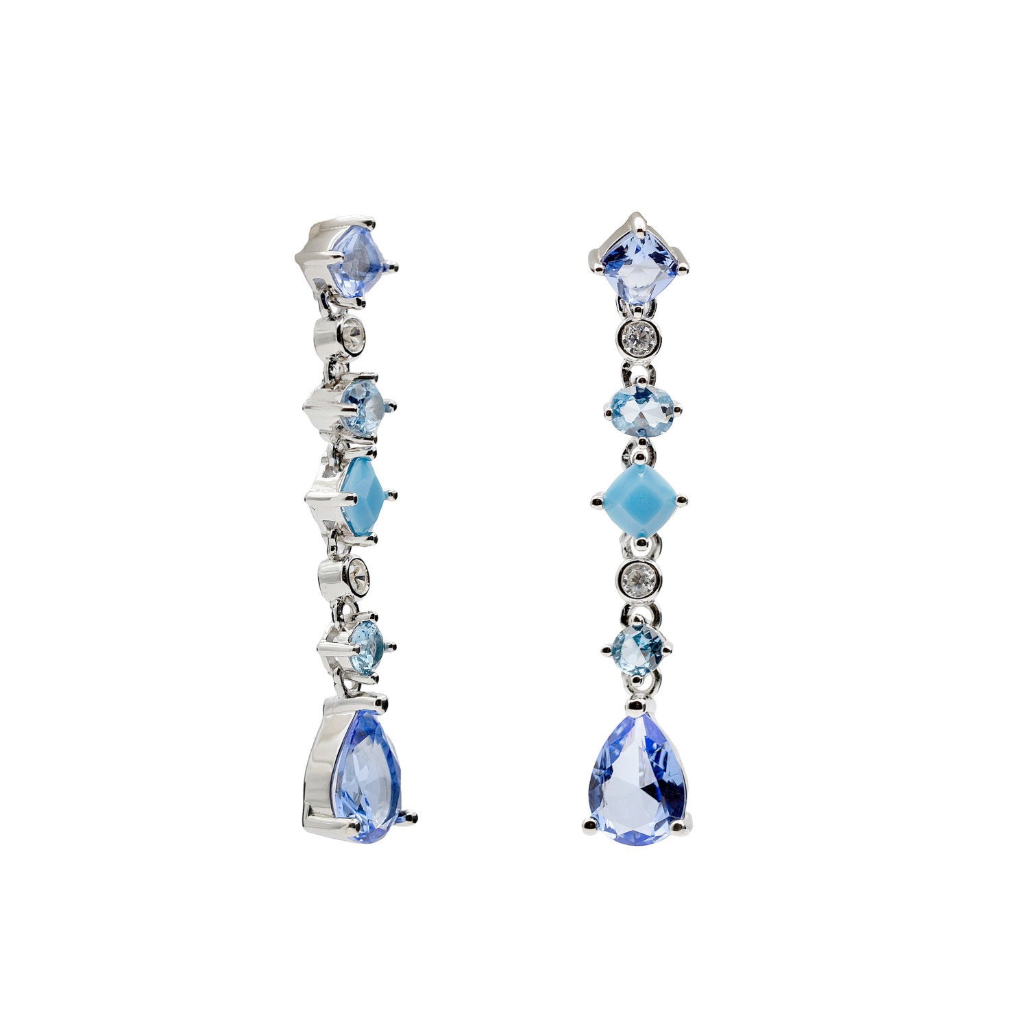 Pendientes largos con gemas en tonos azules en diferentes formas