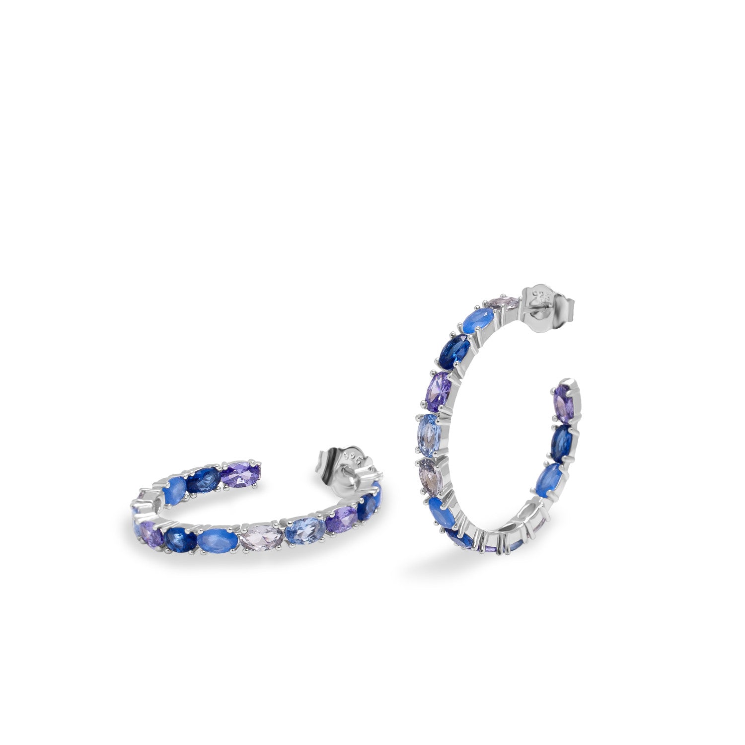 Hoop earrings with oval cut stones in blue tones
