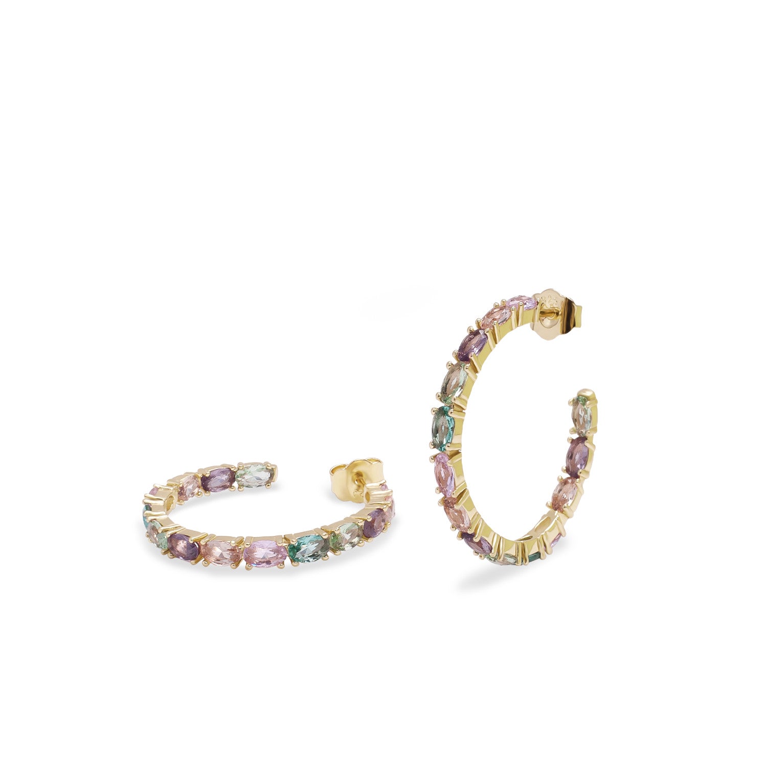 Hoop earrings with oval cut stones in pink tones