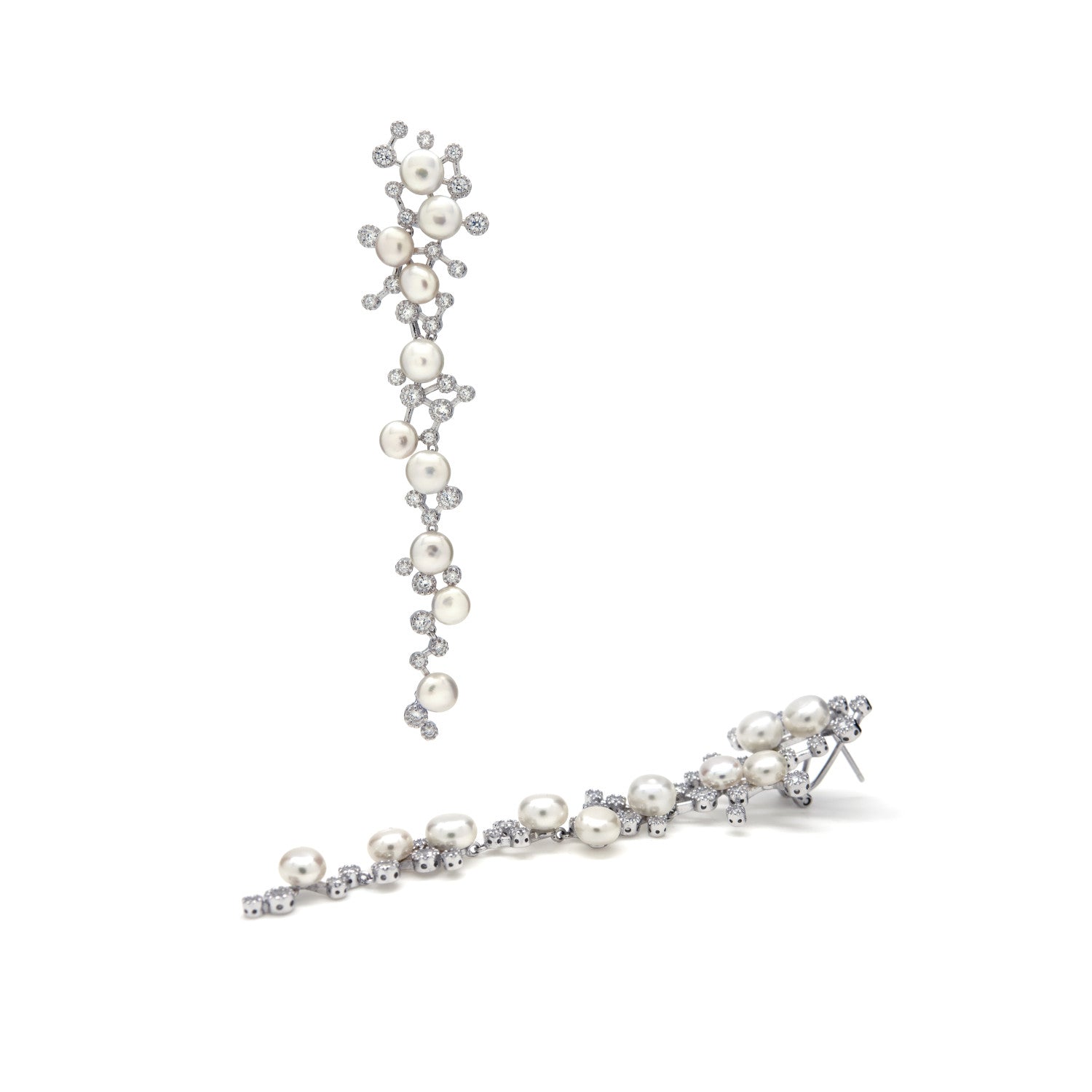 Long pearl earrings bridal design with zircons
