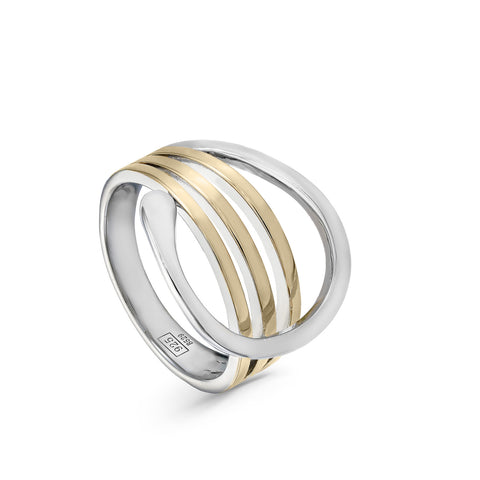 Anillo bicolor de plata tres carriles dorados y círculo central-LINEARGENT