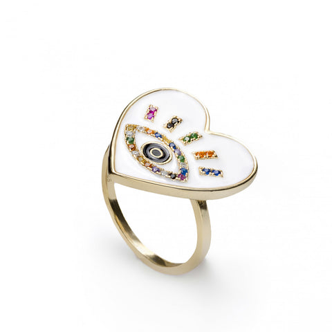 Anillo esmalte diseño de corazón y ojo de circonitas-LINEARGENT