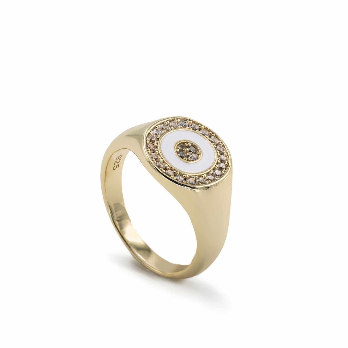 Anillo sello diseño circular esmalte blanco con circonitas-LINEARGENT