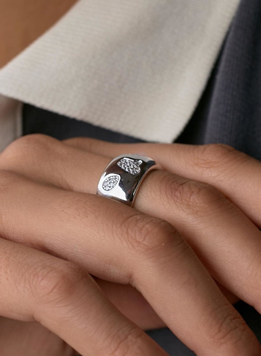 Anillos anchos de plata lisa con motivos de circonitas-LINEARGENT
