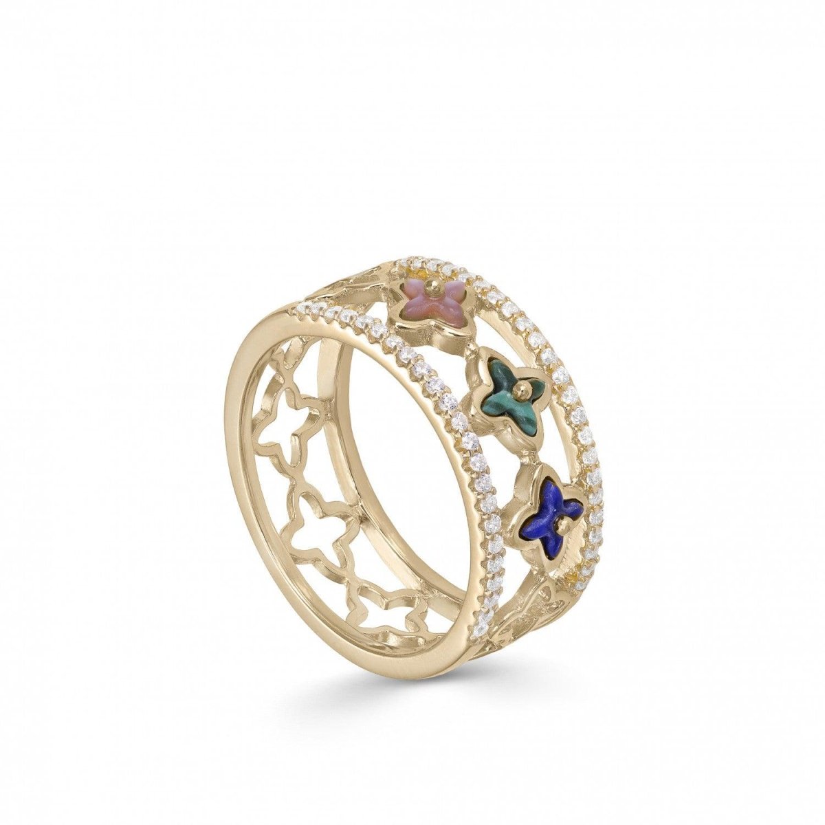 Anillos anchos diseño de triple flor y carriles de circonita-LINEARGENT