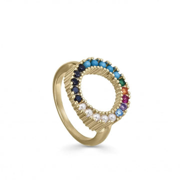 Anillos anchos dorados diseño circular de gemas y perlas