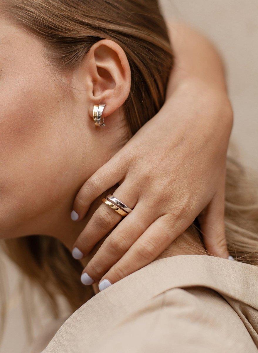 Anillos anchos en plata diseño diagonal bicolor-LINEARGENT