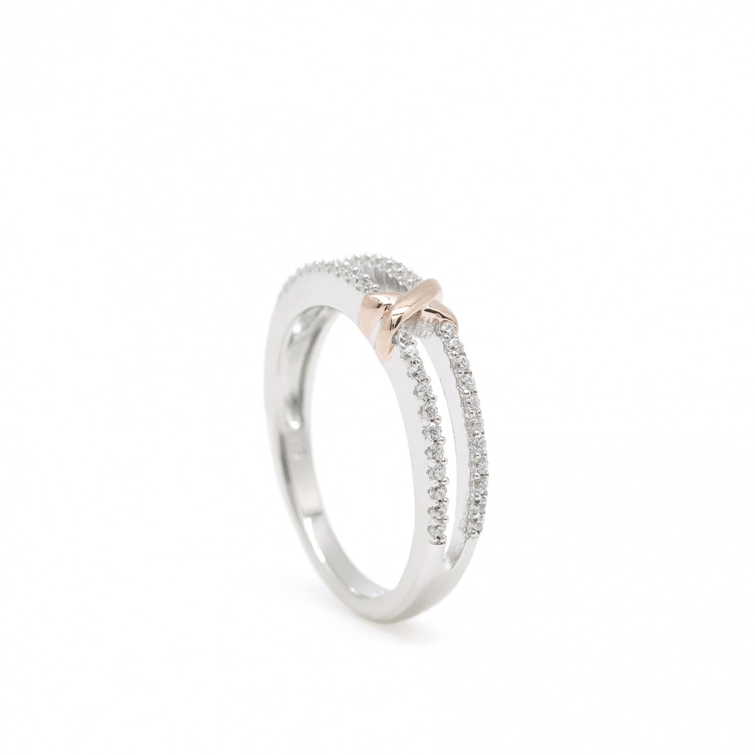 Anillos circonitas diseño de doble carril y grapa bicolor-LINEARGENT