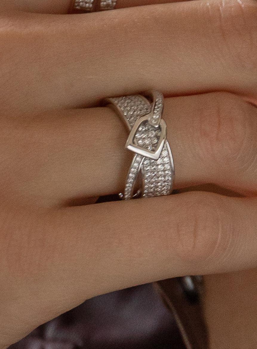 Anillos circonitas diseño hebilla horizontal dos carriles-LINEARGENT