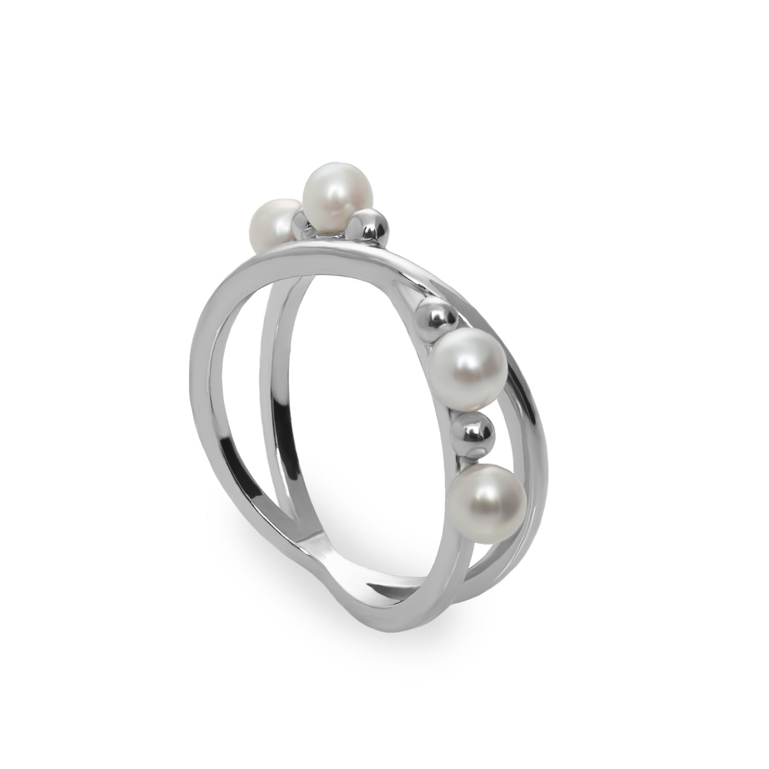 Anillos con perlas con doble raíl cruzado-LINEARGENT