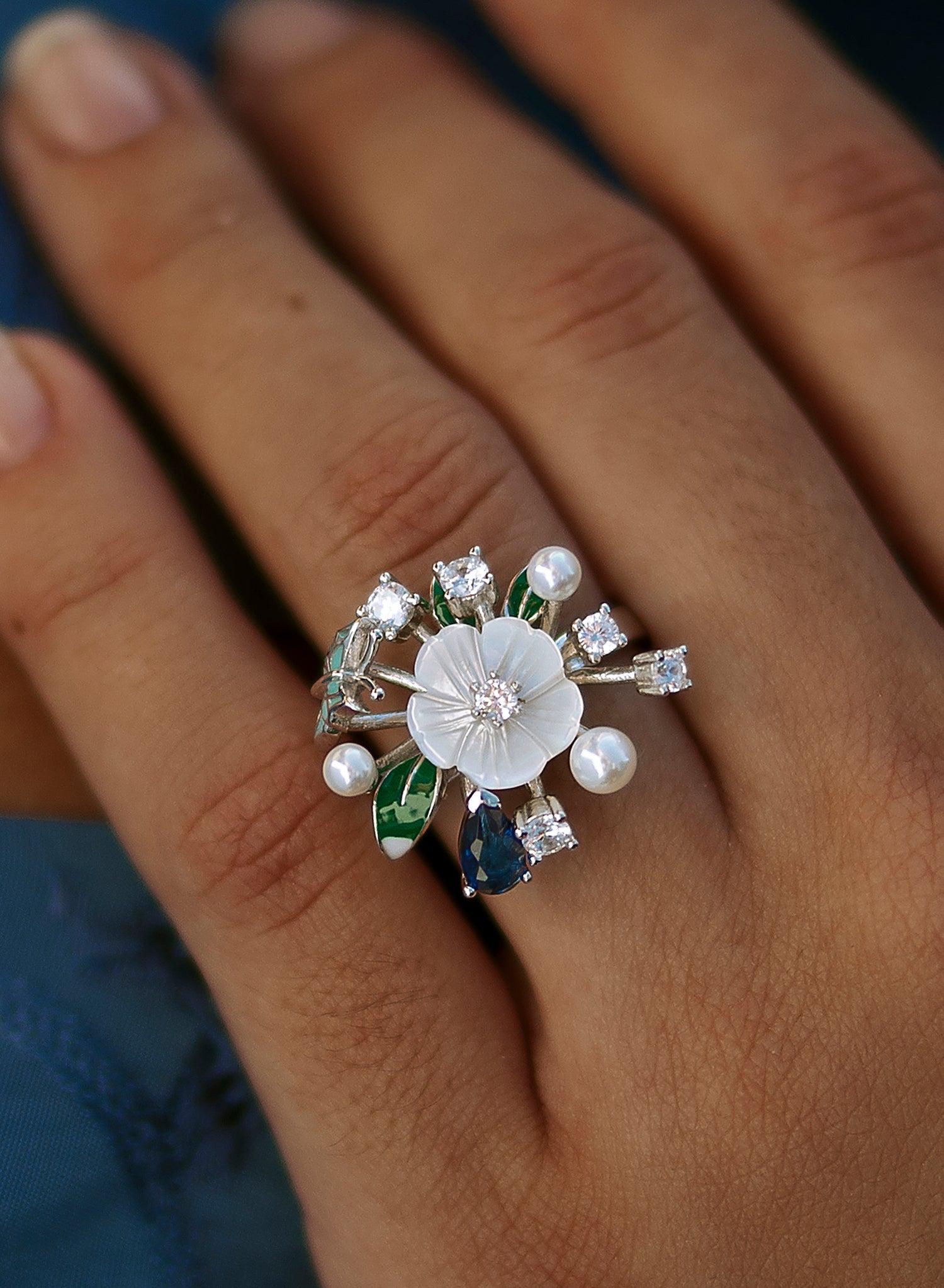 Anillos con perlas de plata diseño primaveral azul-LINEARGENT