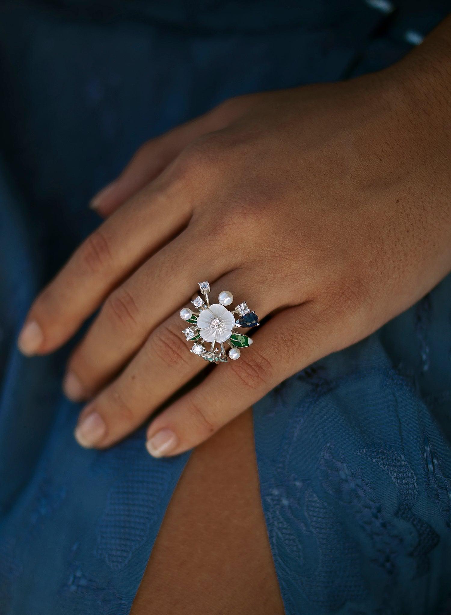 Anillos con perlas de plata diseño primaveral azul-LINEARGENT