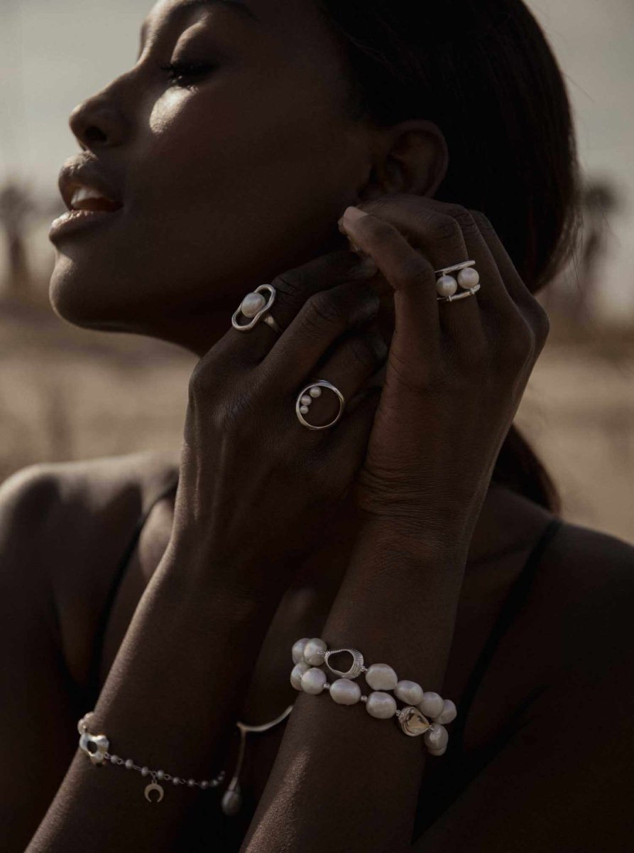 Anillos con perlas de plata lisa diseño doble-LINEARGENT