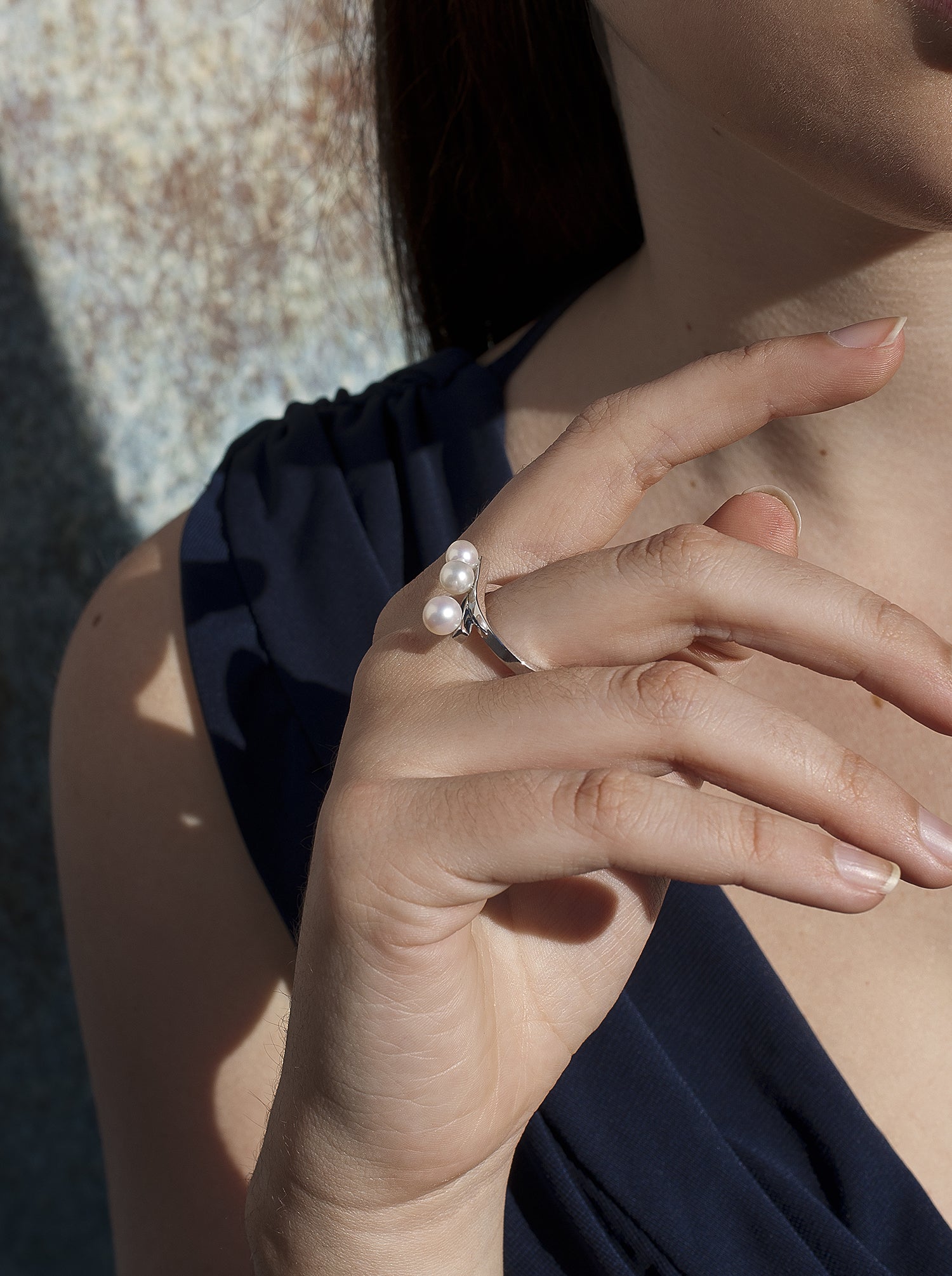 Anillos con perlas diseño minimalista triple perla-LINEARGENT