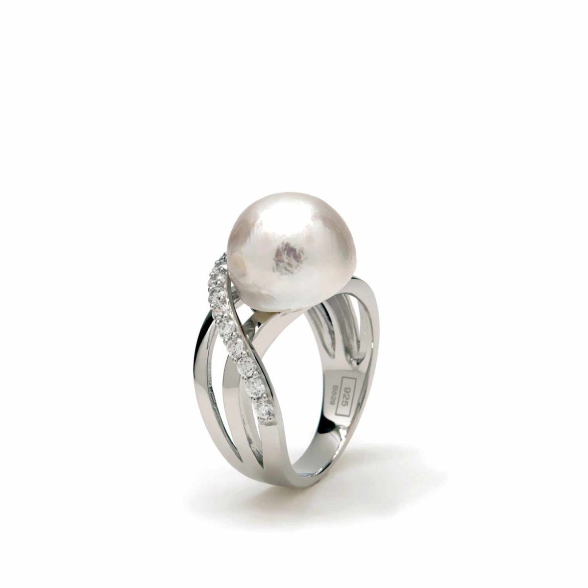 Bagues avec perles argent , rail croisé et zircons-LINEARGENT