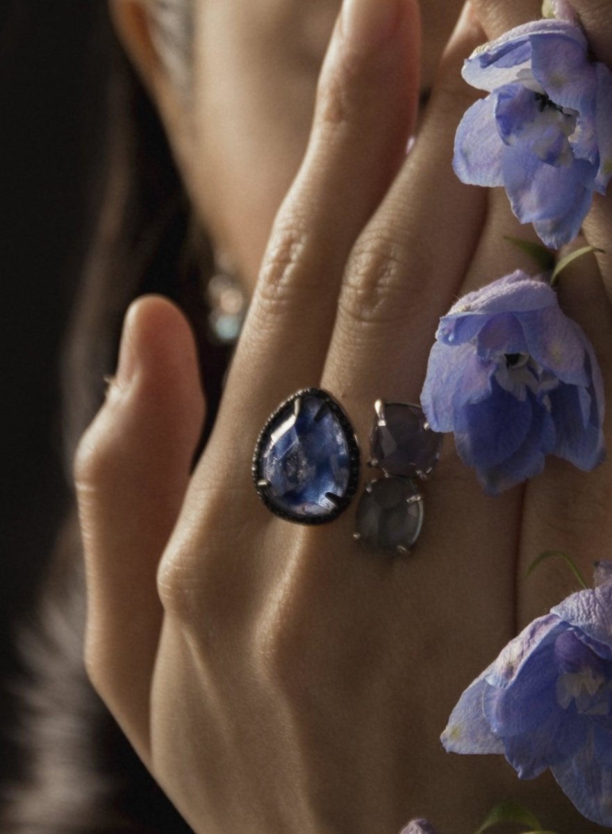 Anillos con piedras de plata diseño abierto en tonos azules-LINEARGENT