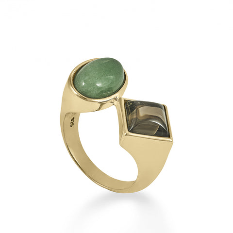 Anillos con piedras diseño doble cuarzo bañado en oro-LINEARGENT