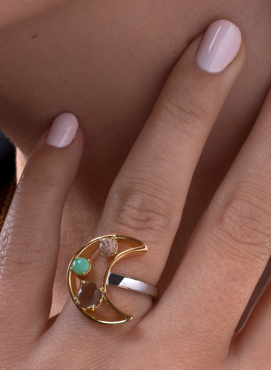 Anillos con piedras motivo central luna bañado en oro-LINEARGENT