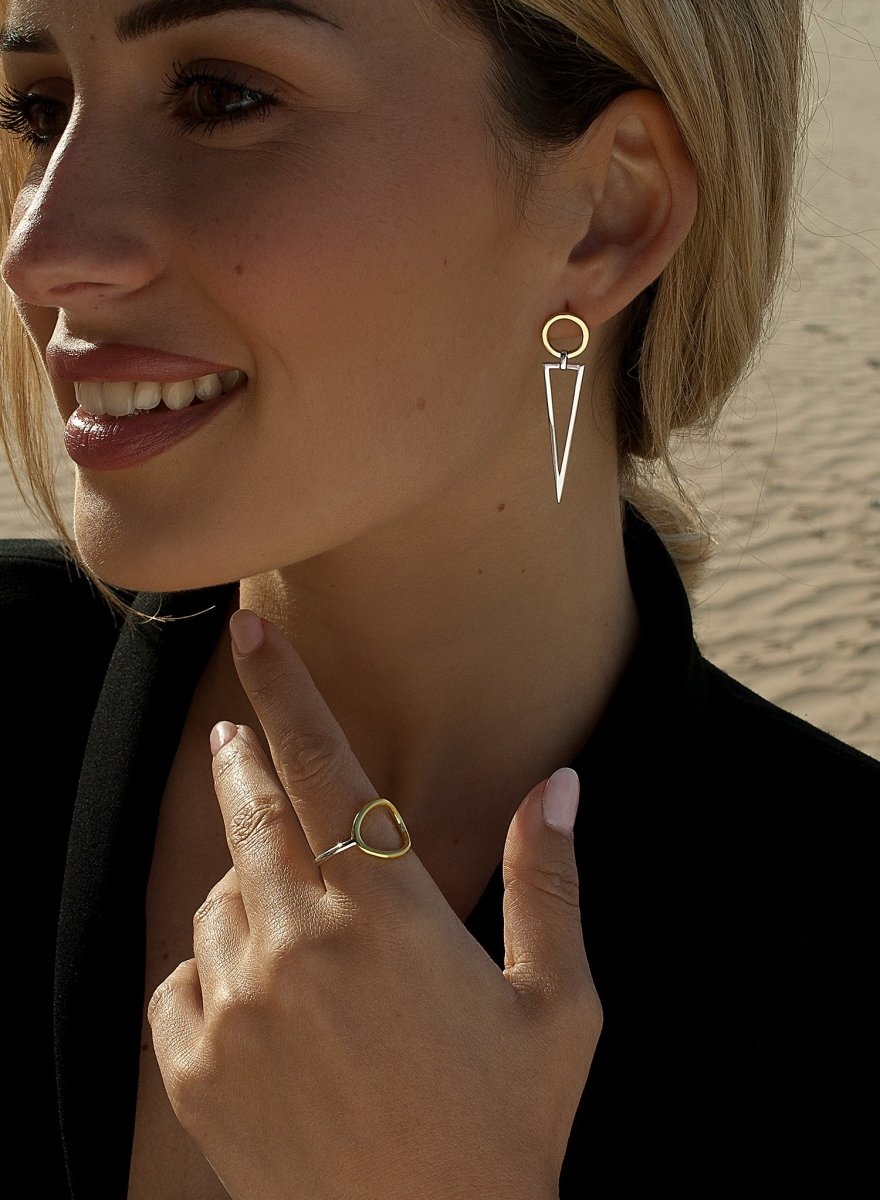 Anillos de plata diseño fino con motivo circular dorado-LINEARGENT