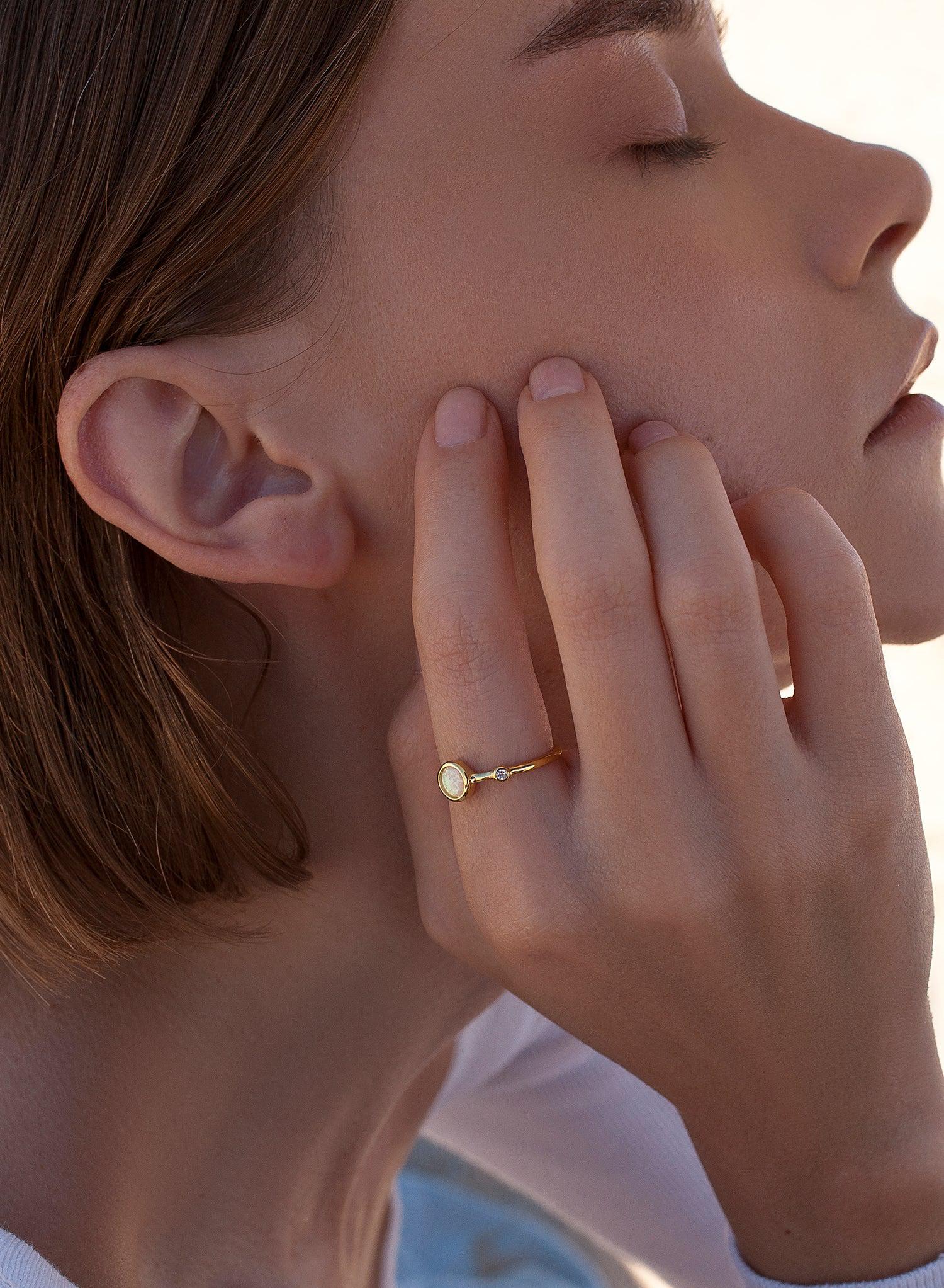 Thin silver gilded circular opal Rings